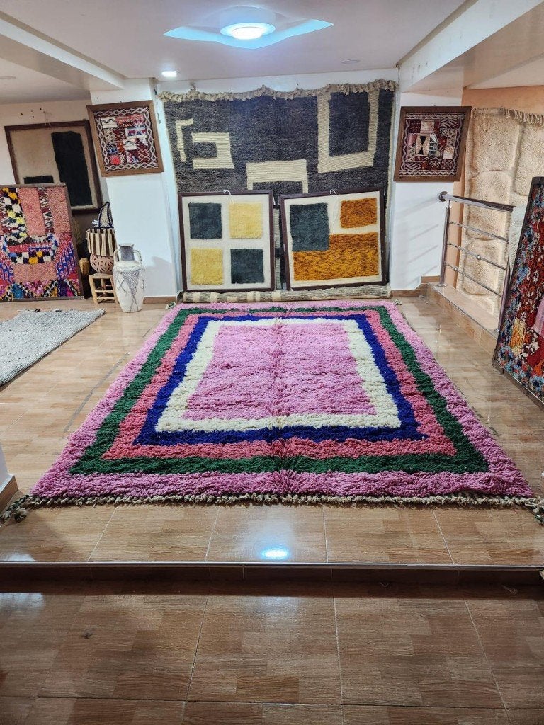 Beni Ouarain fluffy tapijt – roze groen 200x300, Huis en Inrichting, MarocCarpets, Info@maroccarpets.nl, Blauw, Ophalen of Verzenden