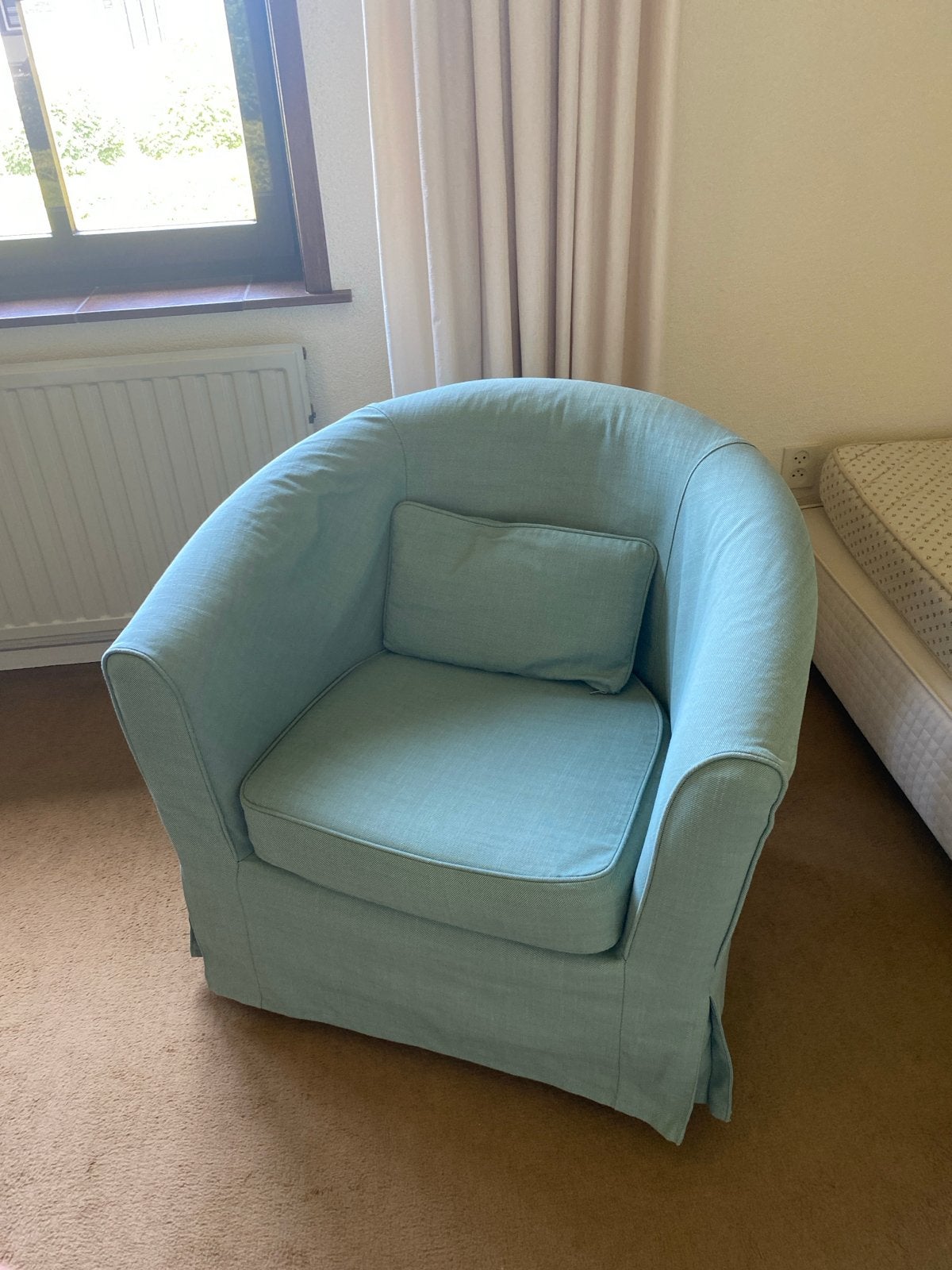 Fauteuil met kussen Ikea Tullsta oudgroen., Huis en Inrichting, Fauteuils, Gebruikt, Stof, 75 tot 100 cm, Ophalen