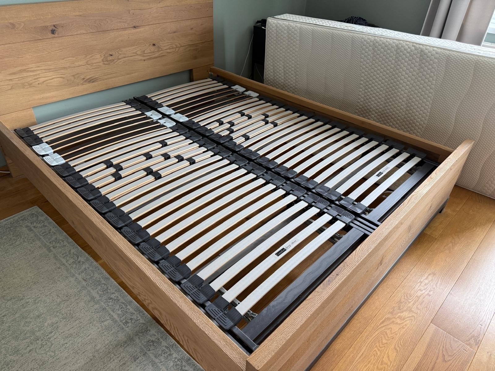 Tweepersoonsbed eiken naturel met lattenbodems, Ophalen, Bruin, Tweepersoons, Zo goed als nieuw