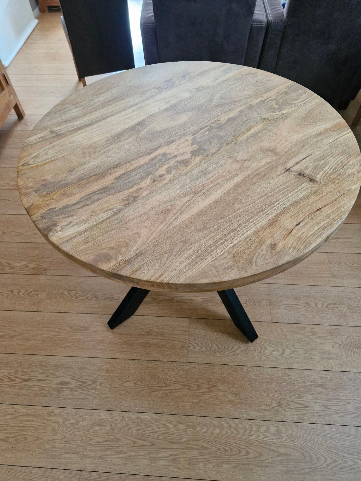 Ronde eettafel mangohout met zwart metalen onderstel, Gebruikt, 50 tot 100 cm, Rond, Industrieel, Modern
