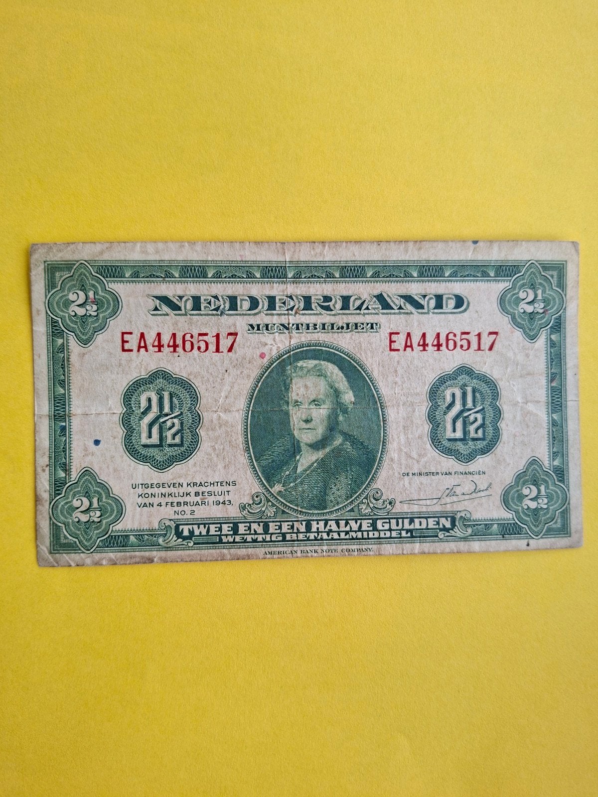 2,5 gulden Wilhelmina uit 1943 in ZF
Serie nummer EA 446517, Ophalen of Verzenden, 2½ gulden, Los biljet
