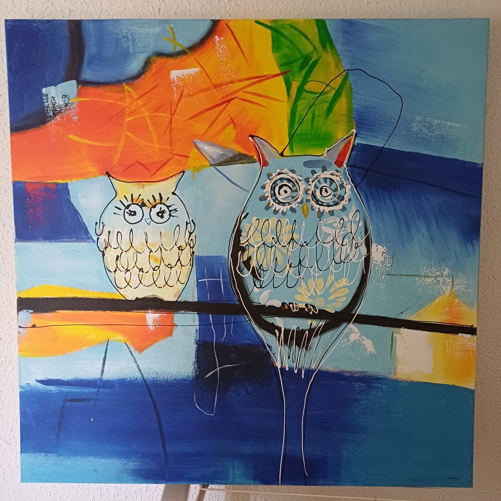 Modern schilderij met uilen, 100x98cm, Ophalen, Acrylverf, Dieren, Op houten frame
