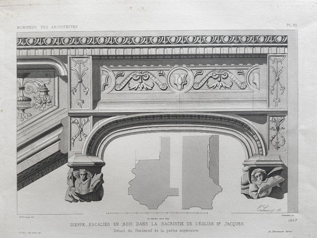 Antieke staalgravure - houten trap - kerk van Dieppe, Ophalen of Verzenden, 40 cm, 30 cm, 1800 - 1899