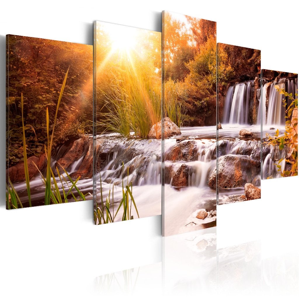 672 Natuur Waterval XXL 5 Luik Canvas Schilderij 200x100cm, Nieuw, 125 cm of meer, Ophalen of Verzenden, Schilderij