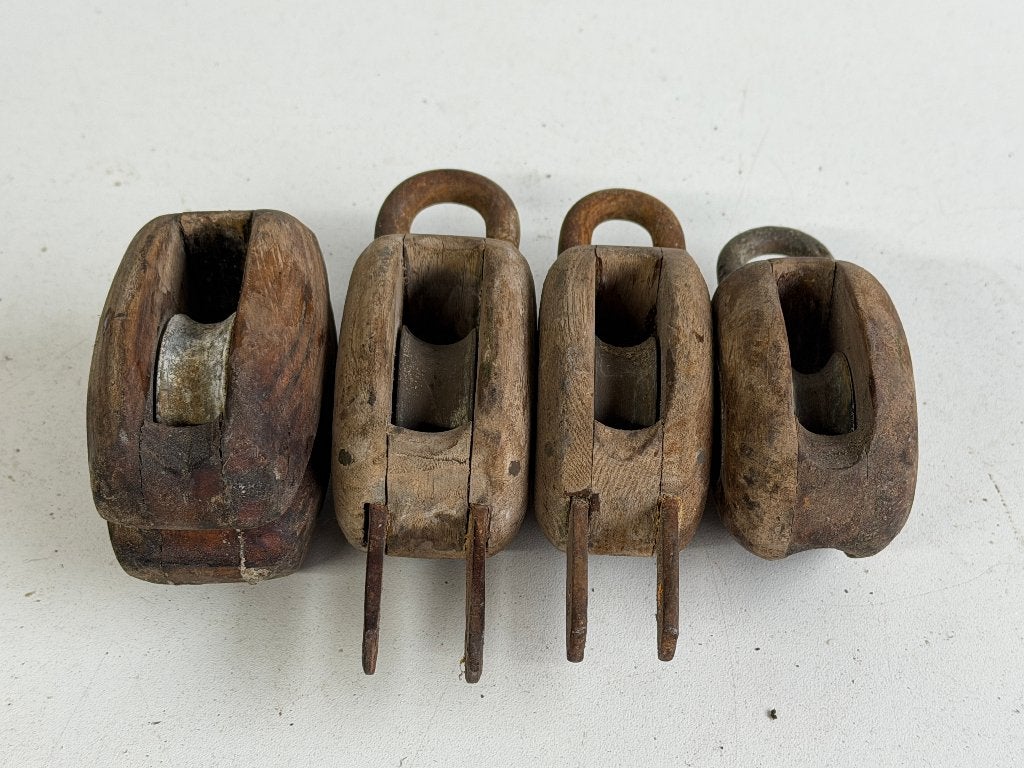 4 x Houten blokken met bronzen schijven, Ophalen of Verzenden, Gebruikt, Lijn of Blok