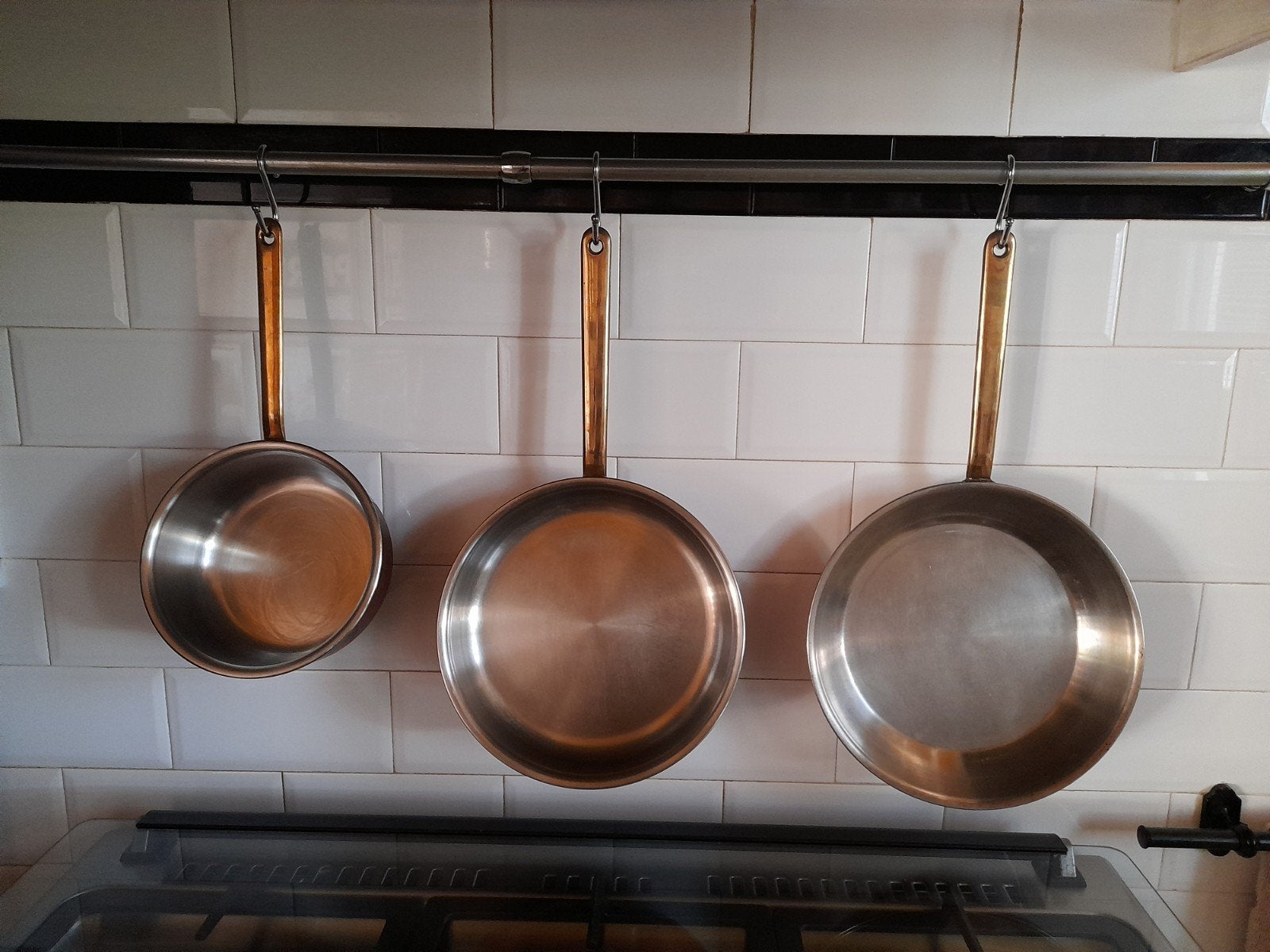 Koperen pannenset met RVS binnenkant - 3 stuks, Met handvatten, Pannenset, Ophalen of Verzenden, Koper
