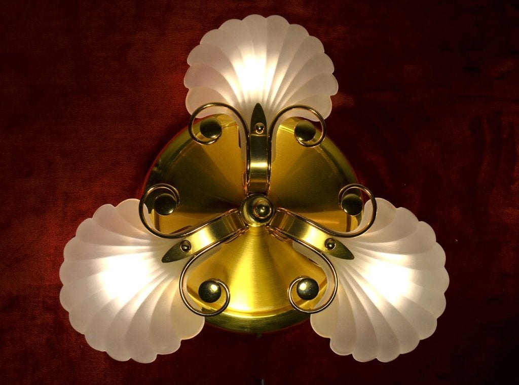 Gouden Vintage schelp plafondlamp - De Knudt Lusterie 1970, Gebruikt, E14 (klein), Ophalen of Verzenden, Goud