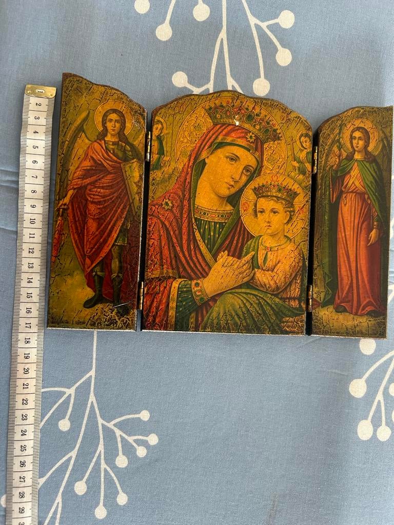 Antiek drieluik icoon Maria met kind en engelen, Antiek en Kunst, Ophalen of Verzenden