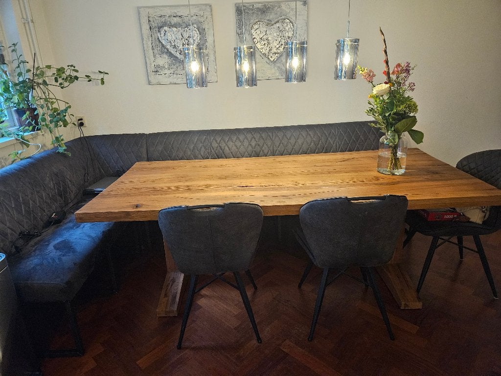 Robuuste houten eettafel met/zonder zitbank, Gebruikt, 100 tot 150 cm, Robuust, Landelijk, 200 cm of meer