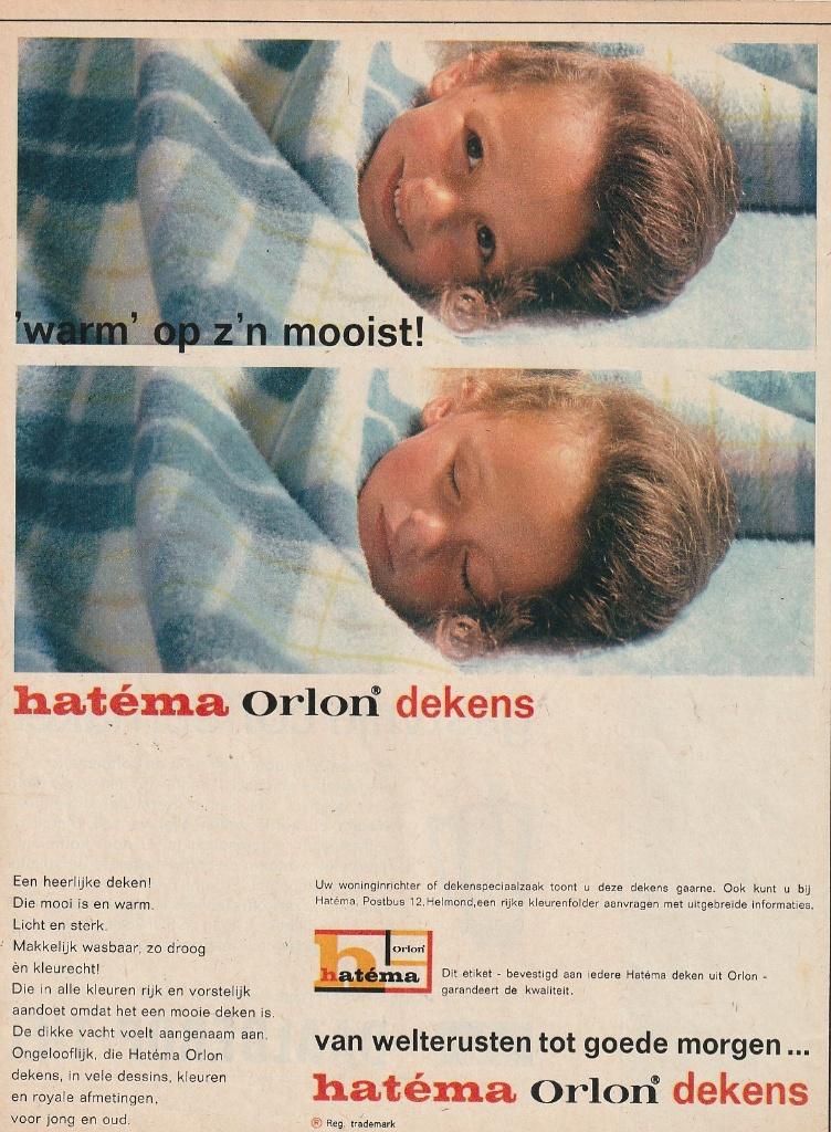 Retro reclame 1966 Hatéma Helmond wollen dekens kindje bed, Verzenden, Overige typen
