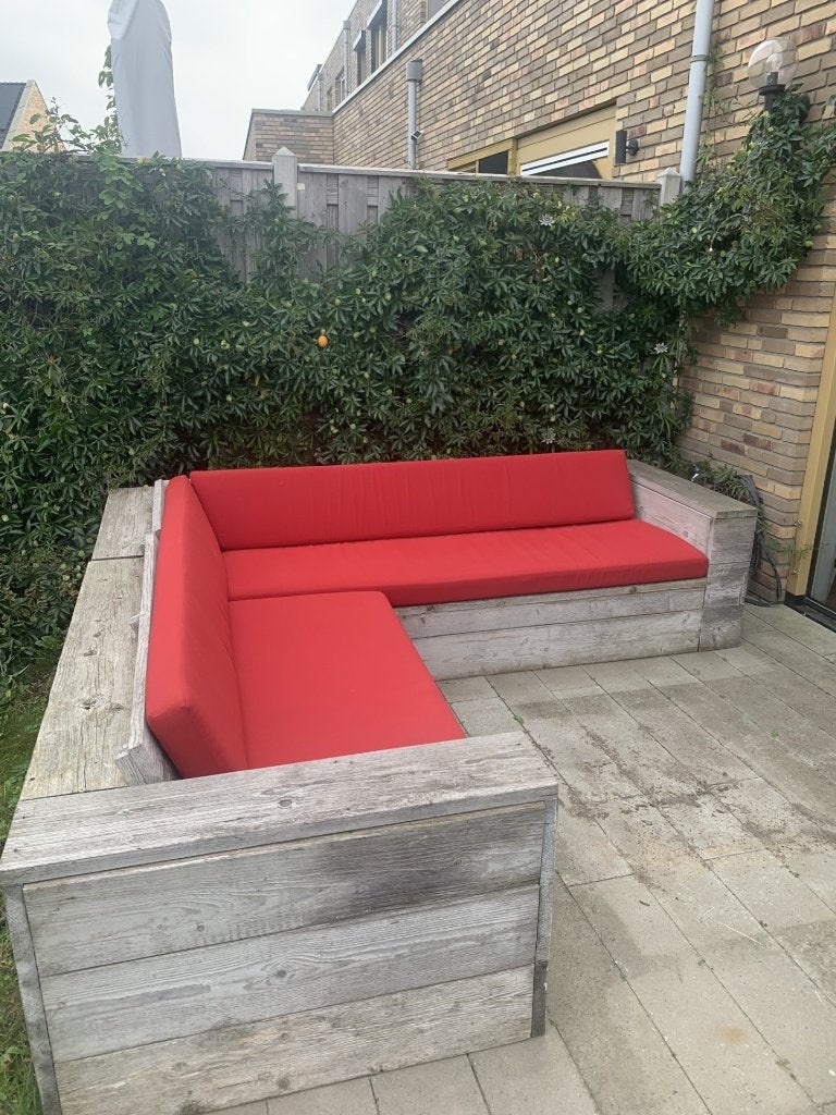 Tuinset inclusief kussens, Ophalen, 5 zitplaatsen, Gebruikt, Hout