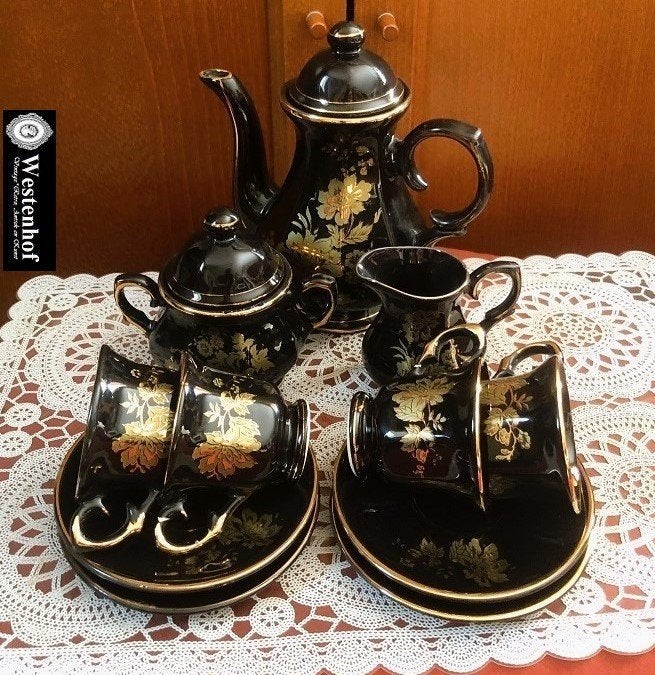 Set mokka - koffie - thee servies compleet porselein zwart, Ophalen of Verzenden