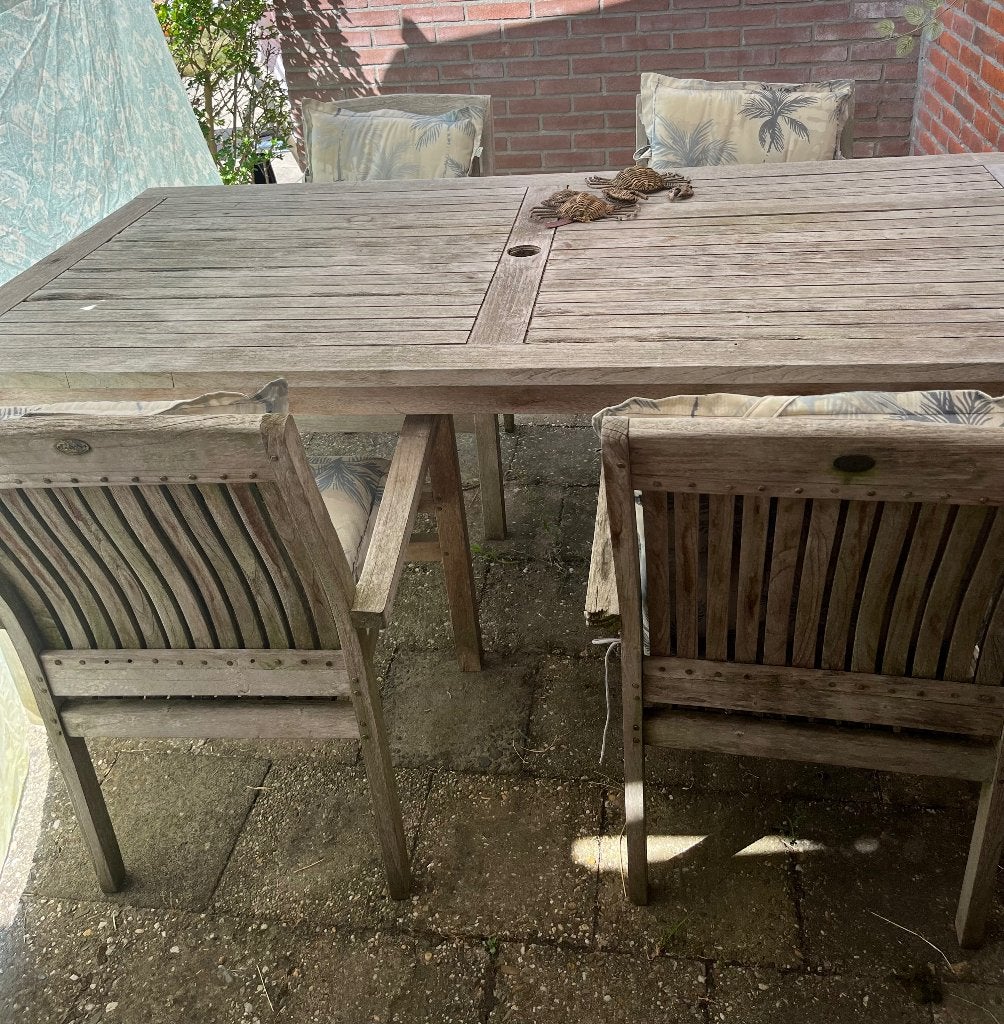 Teakhout tuinset  met stoelen en kussens, Ophalen, Gebruikt, Teakhout, Tuinset