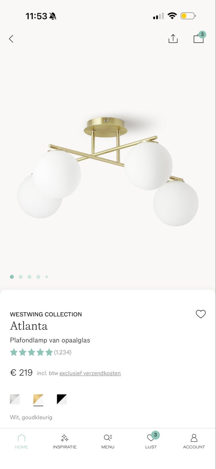Moderne plafondlamp Atlanta met 4 opaalglazen bollen, Ophalen, Modern, Goud, Glas