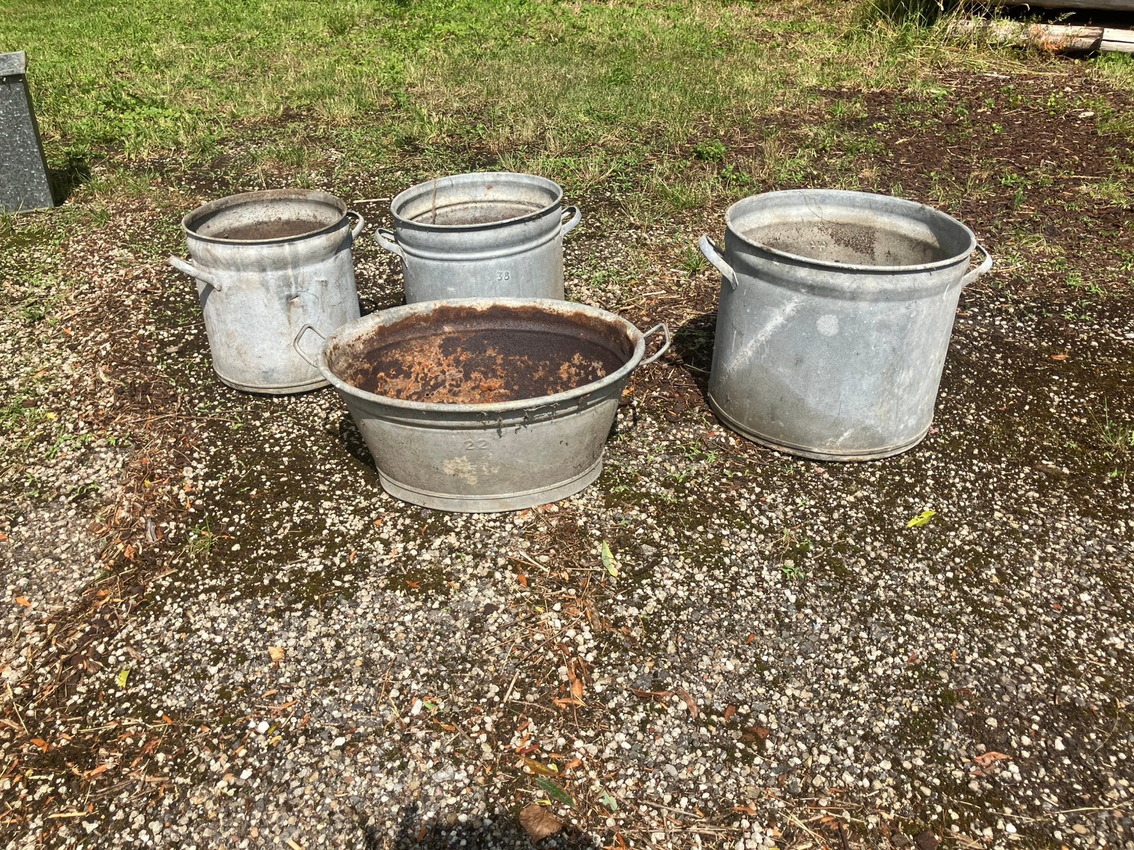 Oud zink wasketels teil bloembak, Tuin en Terras, Bloembakken en Plantenbakken, Ophalen, Gebruikt, Rond, Metaal
