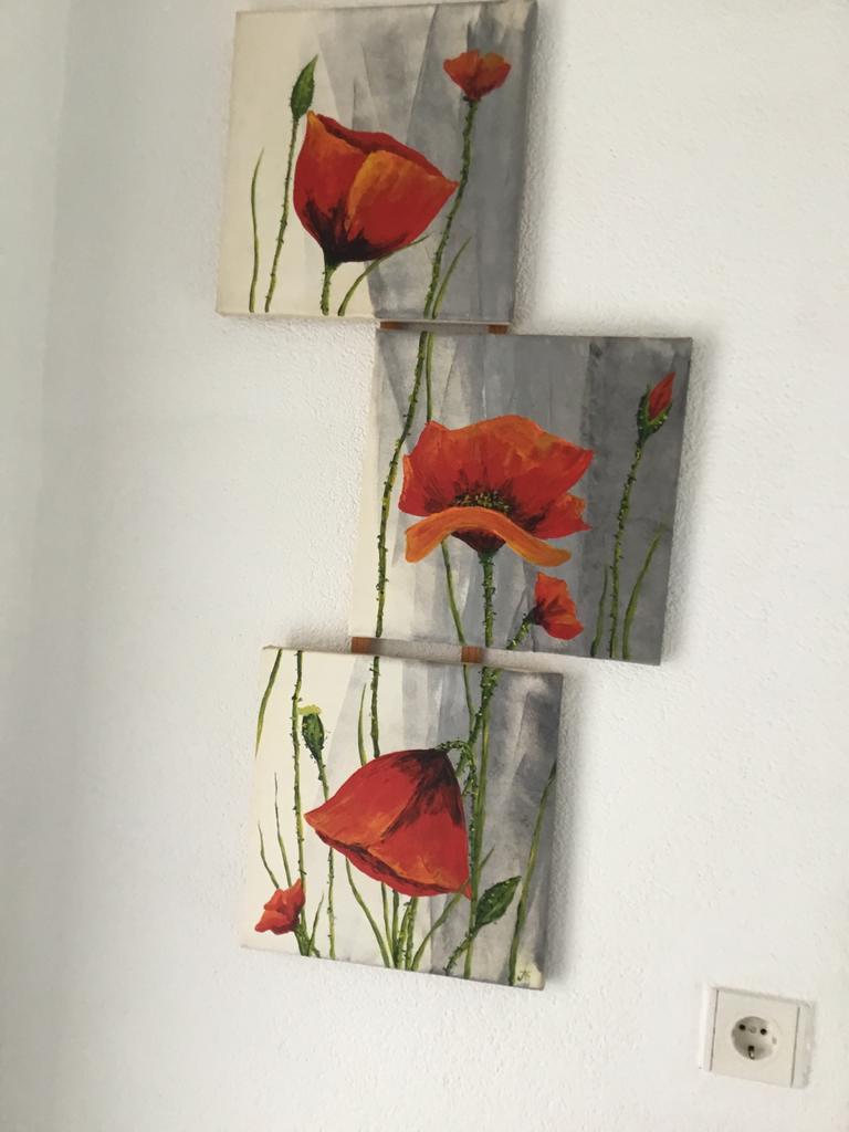 Set van 3 schilderijen met rode klaprozen, Antiek en Kunst, Kunst | Schilderijen | Abstract, Ophalen