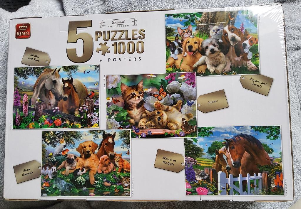NIEUW, 5 puzzels van 1000stukjes,  dieren collectie, Ophalen of Verzenden, 500 t/m 1500 stukjes, Nieuw, Legpuzzel