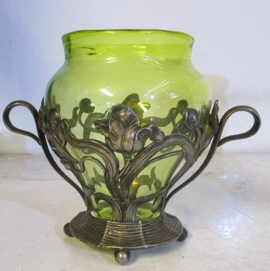 mooie art nouveau groen glas bloemenvaas WMFB houder 20, Ophalen of Verzenden