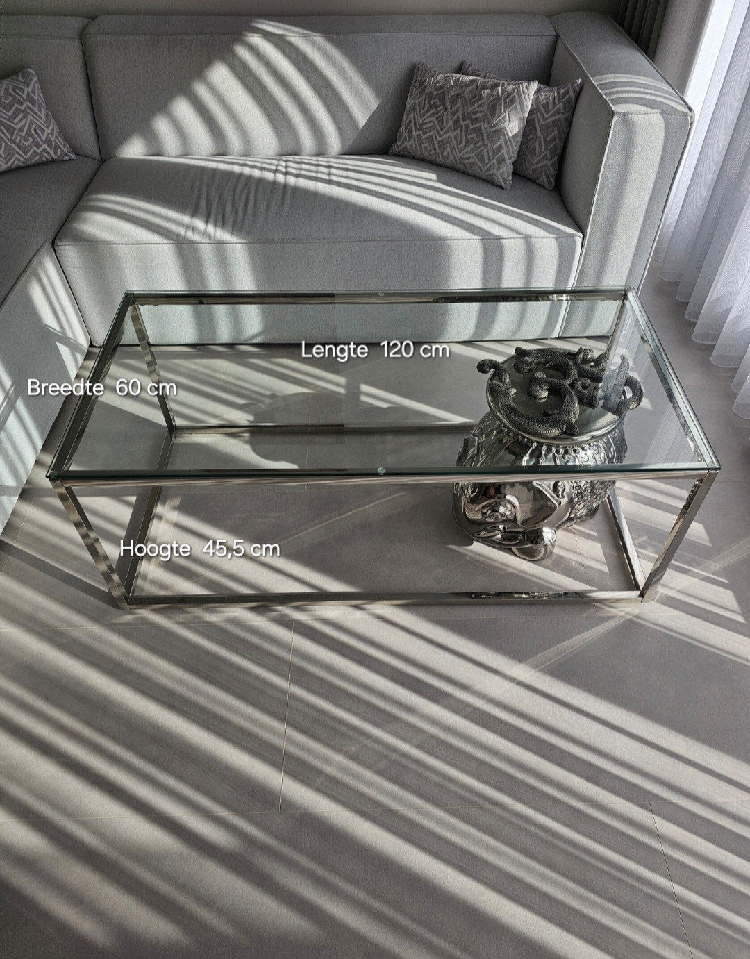 Glazen, chroom/ zilver , rechthoek salontafel, Ophalen, Rechthoekig, 100 tot 150 cm, 50 tot 100 cm