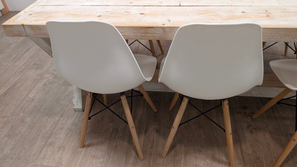 Steigerhouten eettafel + 6 design stoelen, Ophalen, Zo goed als nieuw