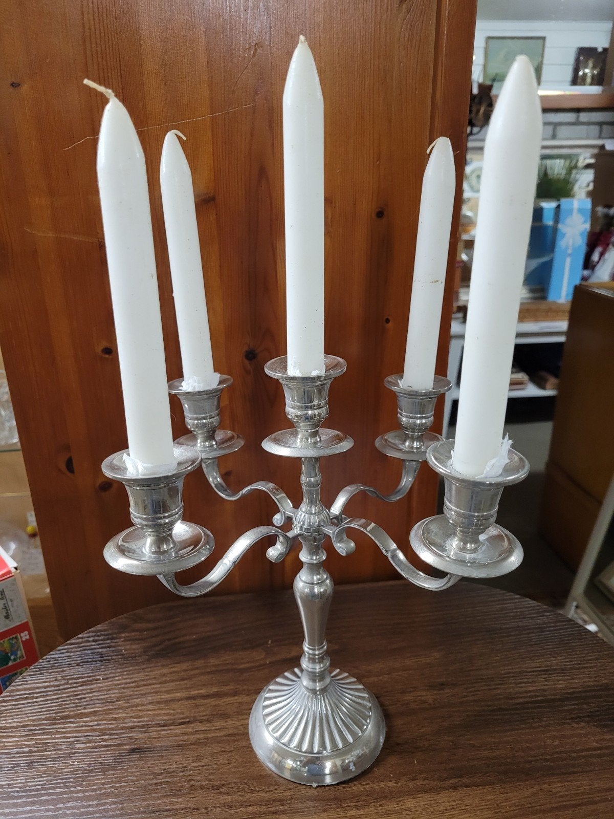 kandelaar, klassiek 5 armen met kaarsen, Ophalen, Koper of Brons