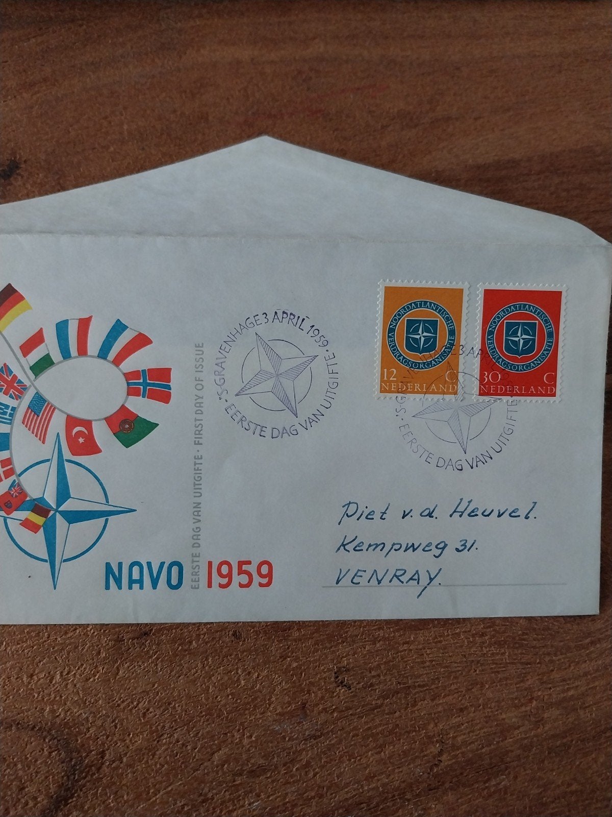 Nederlandse gelopen FDC E 37  1959 Navo met CW 3,50., Postzegels en Munten, Ophalen of Verzenden, Nederland