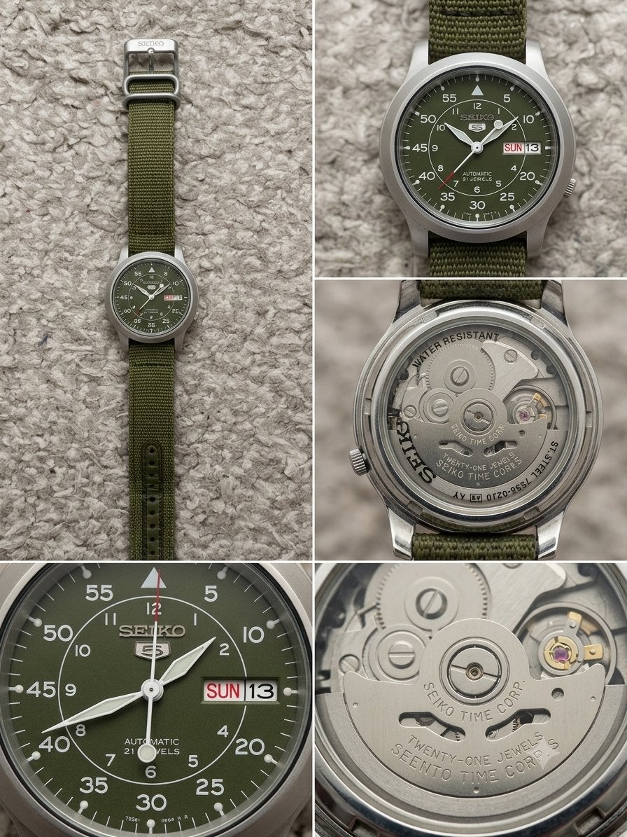 Seiko 5 Automatisch Horloge - Groen Canvas Bandje, Sieraden, Tassen en Uiterlijk, Horloges | Heren, Seiko, Gebruikt, Staal, Polshorloge