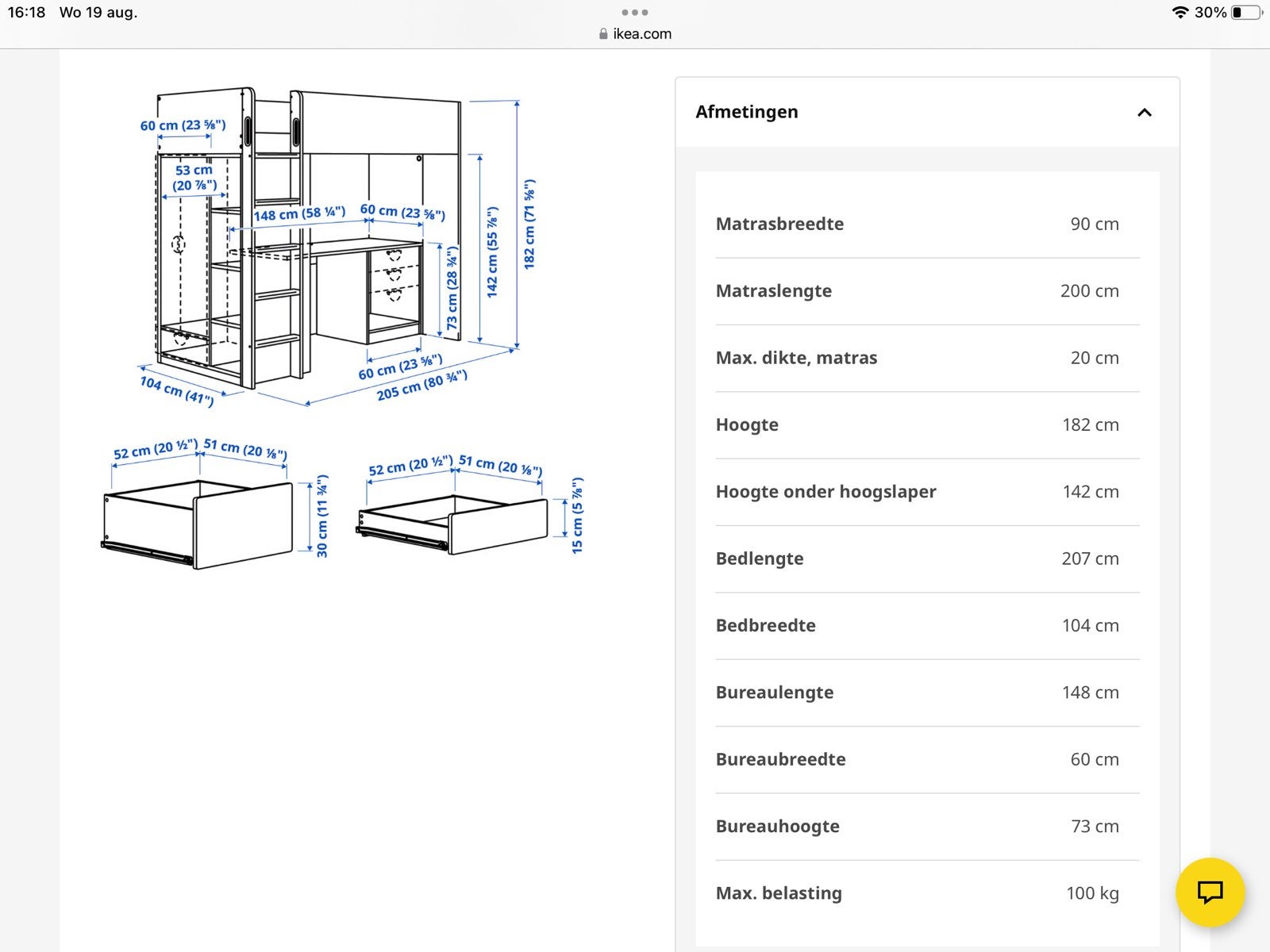 Ikea Småstad hoogslaper met bureau en opbergruimte, Ophalen, Hoogslaper, Eenpersoons, 200 cm
