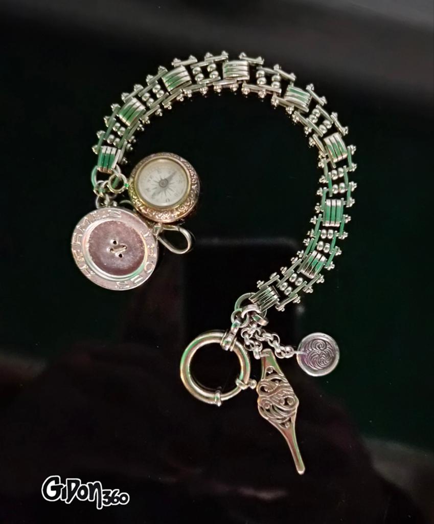 Antiek chain w/ Hermès button, compass, fob, Verzenden, Gebruikt, Zilver