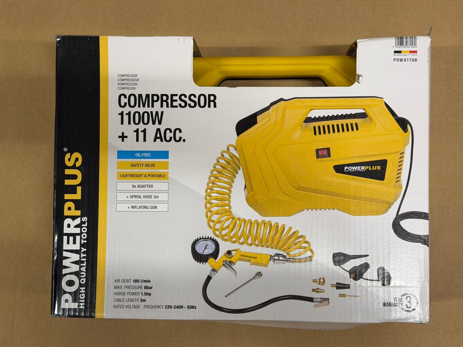 Powerplus POWX1706 Compressor 1100W Olievrij + 11 Acc. Nieuw, Doe-het-zelf en Verbouw, 6 tot 10 bar, Nieuw, Ophalen of Verzenden