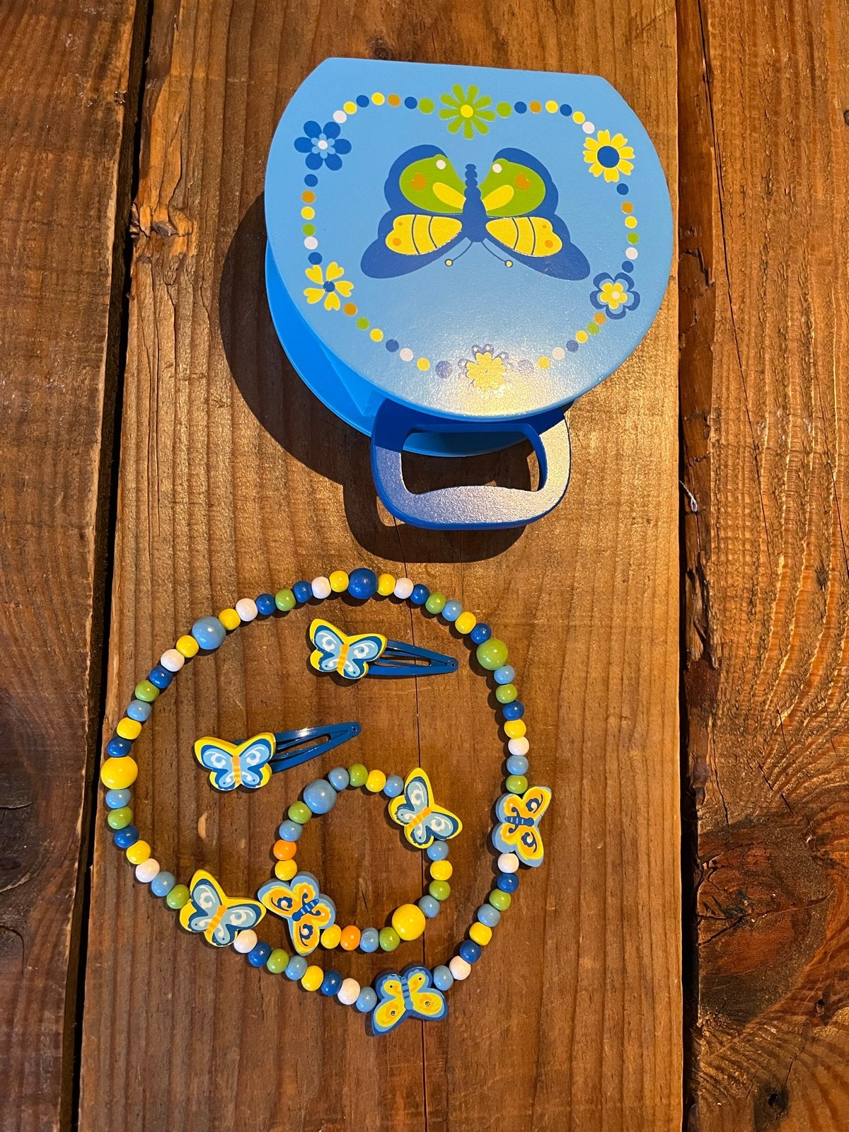 Sieradenset voor kinderen met vlinders en doosje, Ophalen of Verzenden, Gebruikt, Blauw, Overige typen