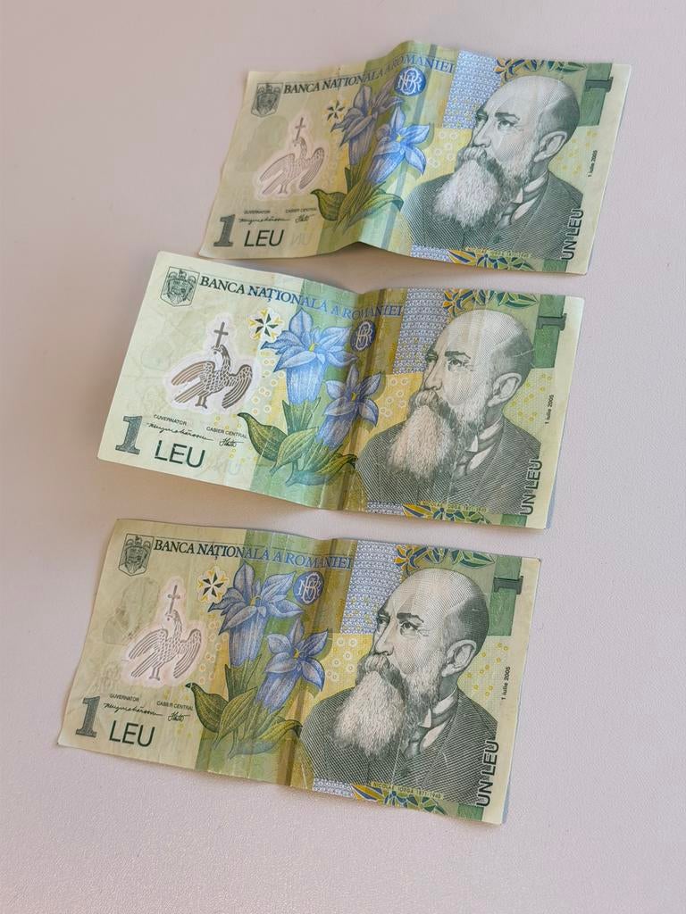 3x Roemeens 1 Leu Bankbiljet 2005 Polymeer Nicolae Iorga, Postzegels en Munten, Bankbiljetten | Europa | Niet-Eurobiljetten, Ophalen of Verzenden