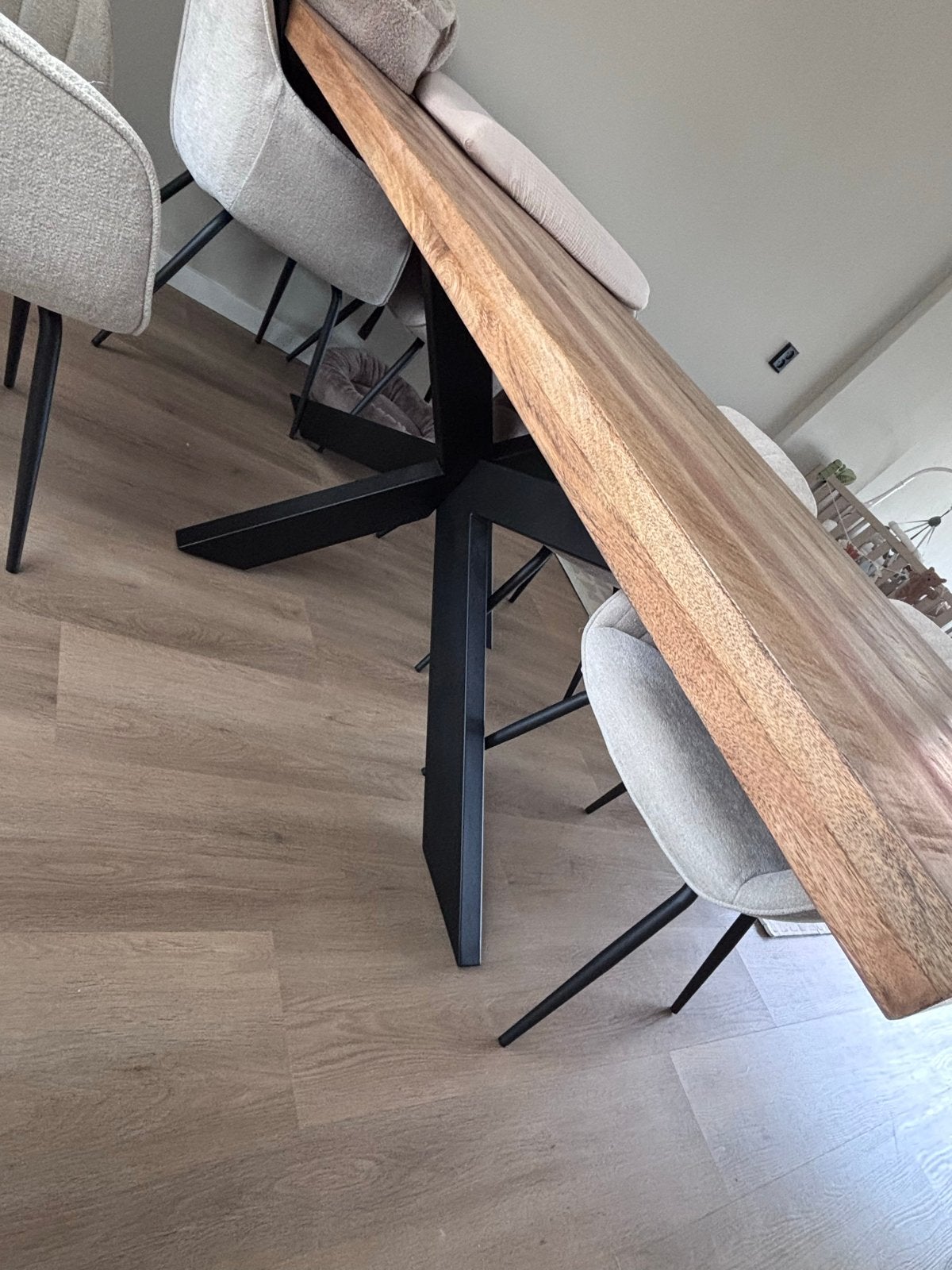 Robuuste Eettafel Mangohout met Zwart Metalen Spinpoot, Ophalen, Gebruikt, 200 cm of meer, 50 tot 100 cm