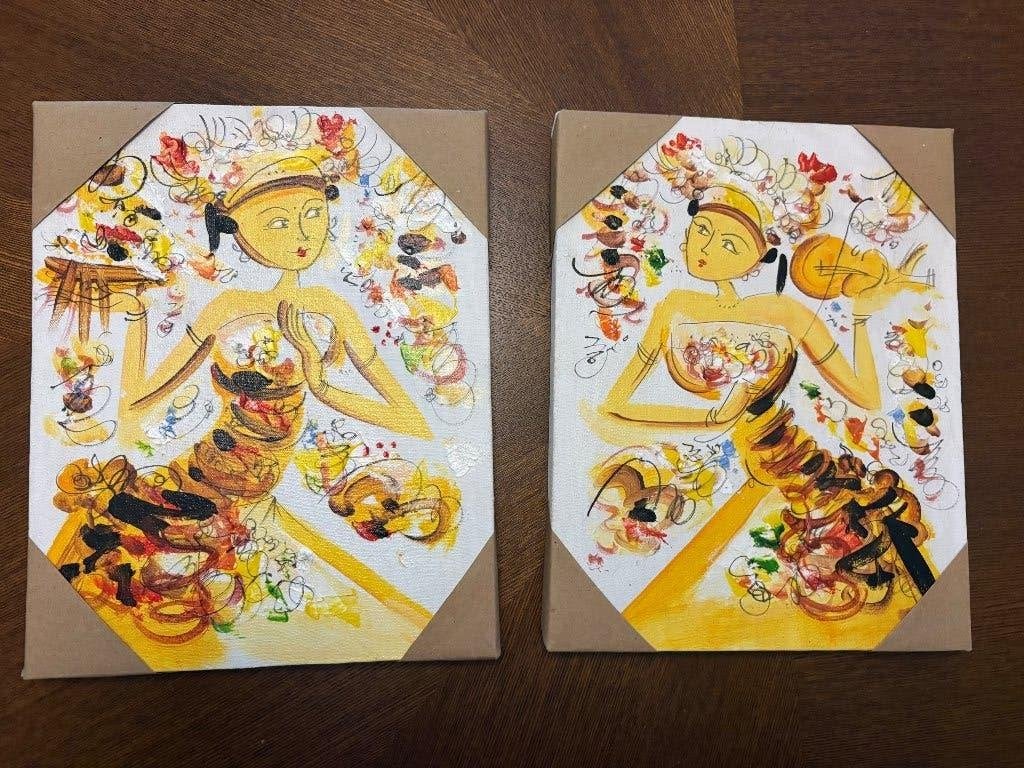 2 handgeschilderde Balinese schilderijen op doek, Ophalen of Verzenden, Handgeschilderd