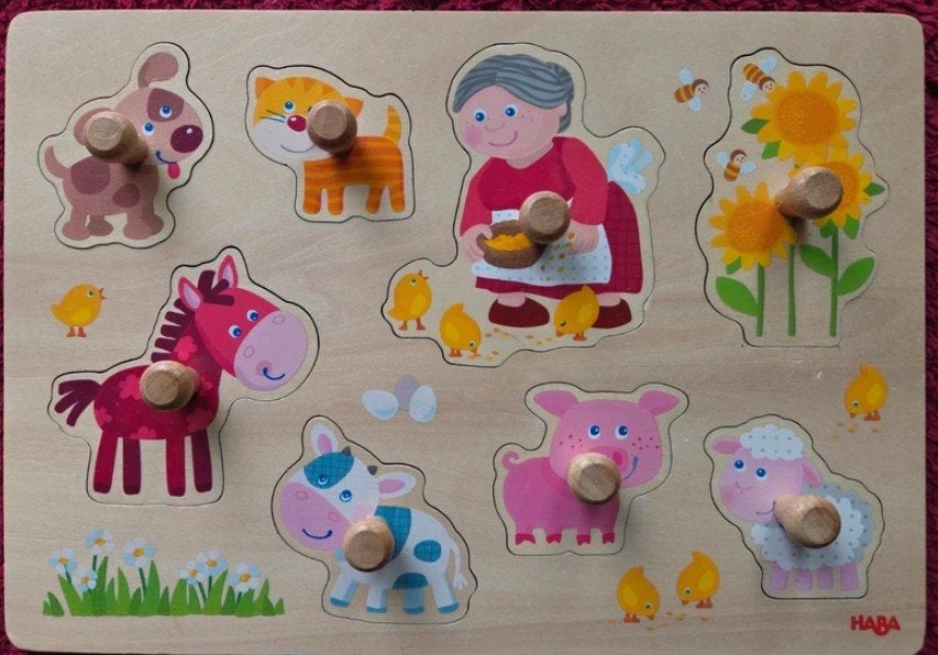 Haba houten inlegpuzzel oma Linda's dieren, Ophalen of Verzenden, 10 tot 50 stukjes, Zo goed als nieuw