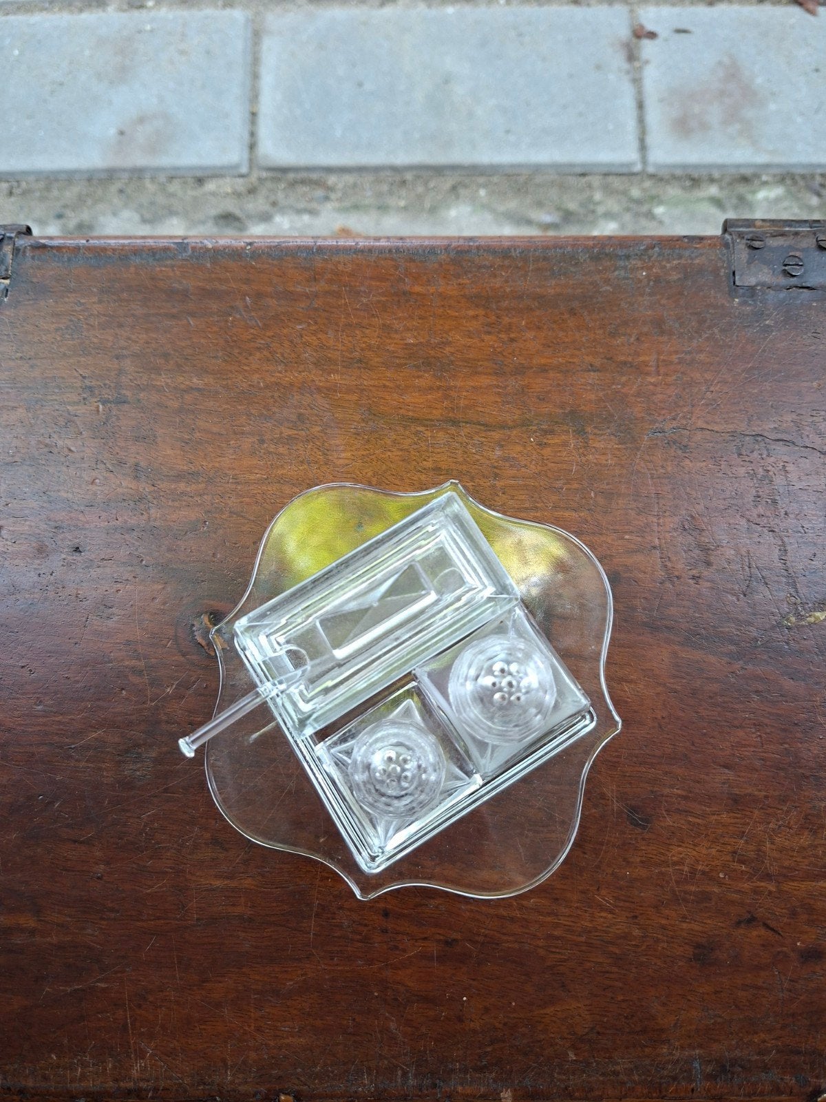 Vintage Glazen Mosterd met Zout- en Pepervaatjes, Ophalen of Verzenden