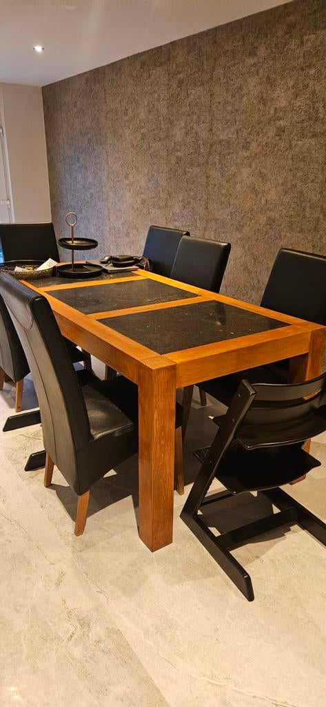 Eettafel 200x90x78cm met 6 eetkamerstoelen, Ophalen, Gebruikt, Eikenhout, 200 cm of meer