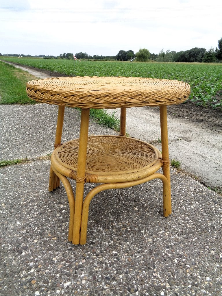 Vintage rotan bijzettafel (2 niveaus) – Boho / Bamboe –, Overige materialen, Minder dan 55 cm, Gebruikt, Rond