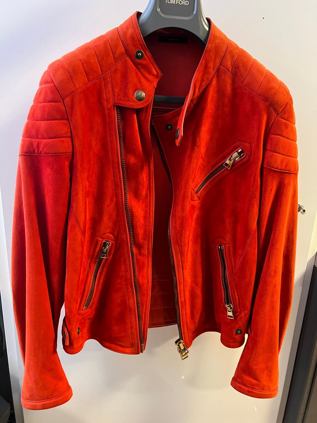 Tom Ford suède bikerjack - Rood oranje maat 48, Ophalen of Verzenden, Gedragen, Maat 46 (S) of kleiner, Rood