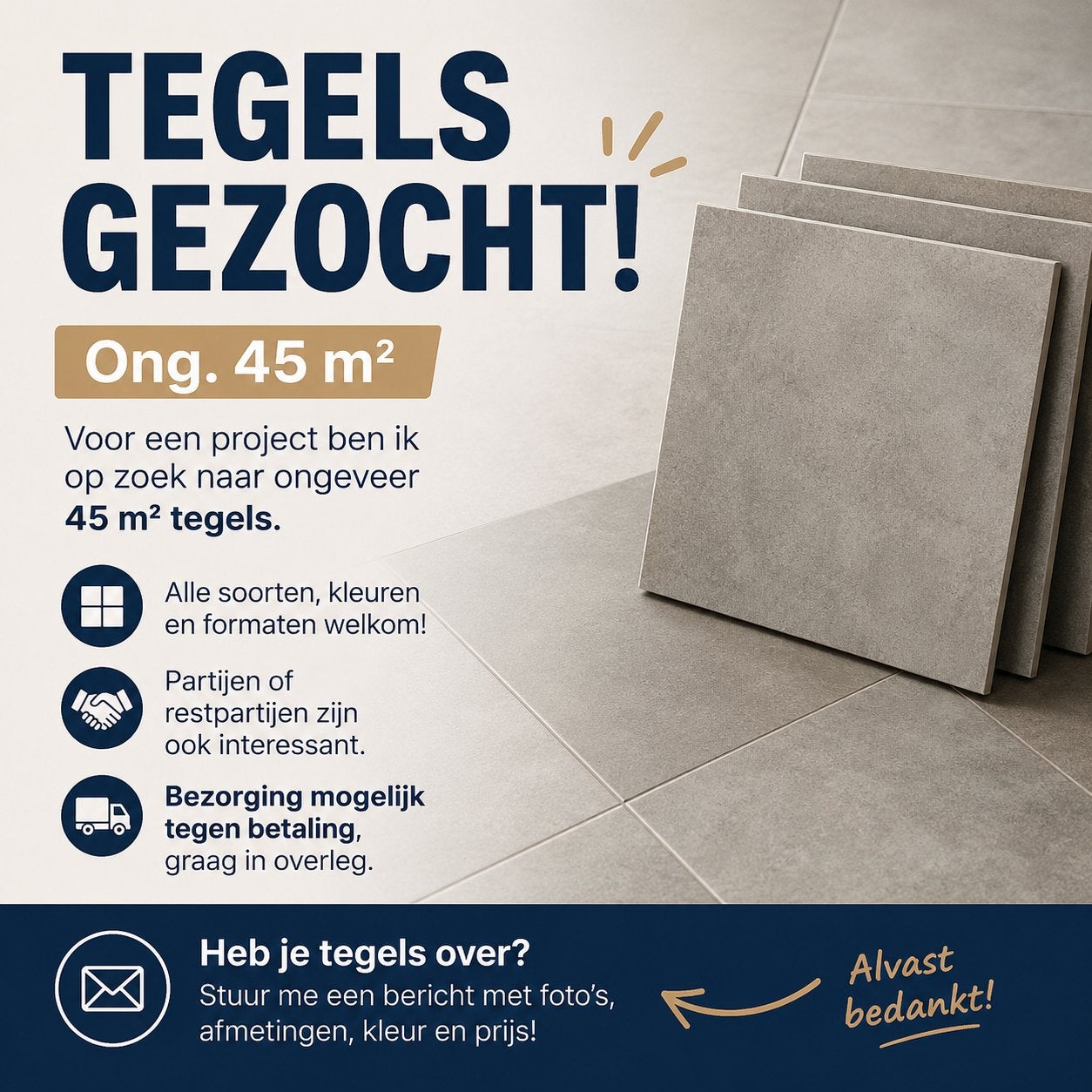Tegels gezocht rond 45m2, Tuin en Terras, Ophalen of Verzenden, Beton, Terrastegels