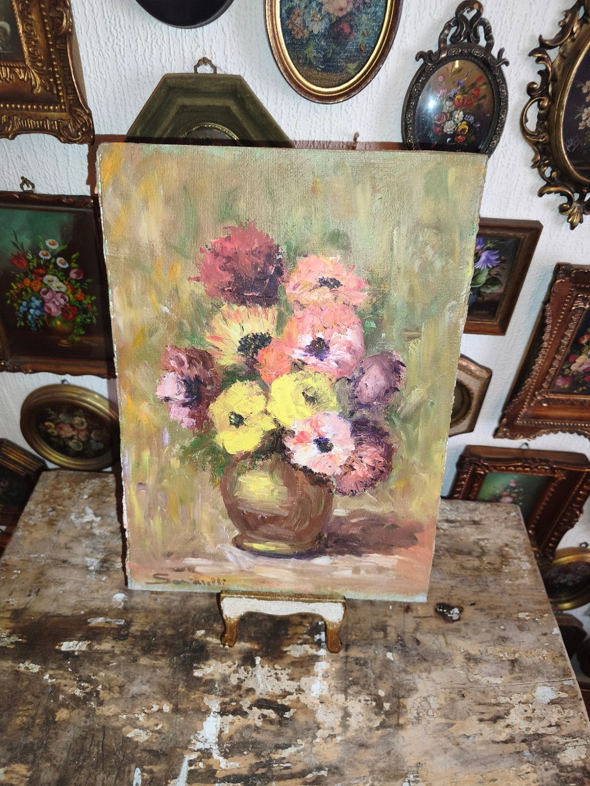 Olieverf schilderijtje olieverfschilderijtje bloemen G99, Ophalen of Verzenden