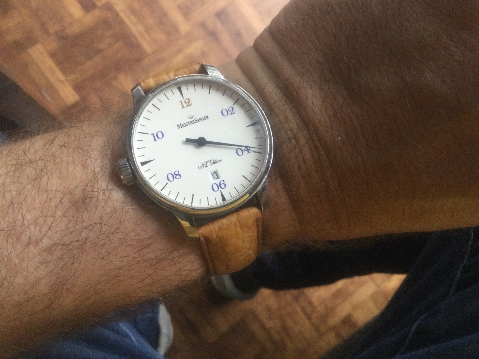 Meistersinger NL Edition 2012 automatisch horloge, 43mm, Leer, Staal, Polshorloge, Zo goed als nieuw
