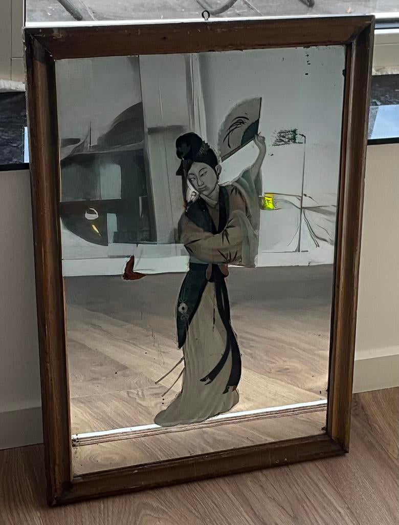 Chinese vrouw met waaier (spiegel), Antiek en Kunst, Antiek | Spiegels, Minder dan 50 cm, Minder dan 100 cm, Rechthoekig, Ophalen