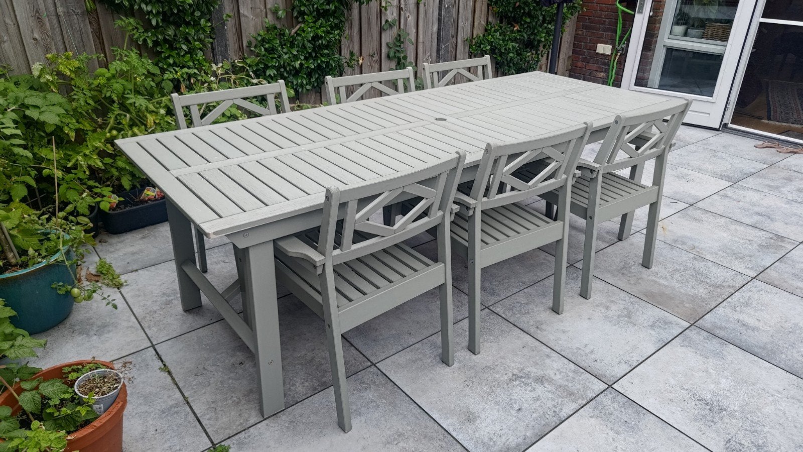 Ikea Bondholmen tuinset, 6 stoelen en kussens, 235x90cm, Ophalen, Gebruikt, 6 zitplaatsen, Tuinset
