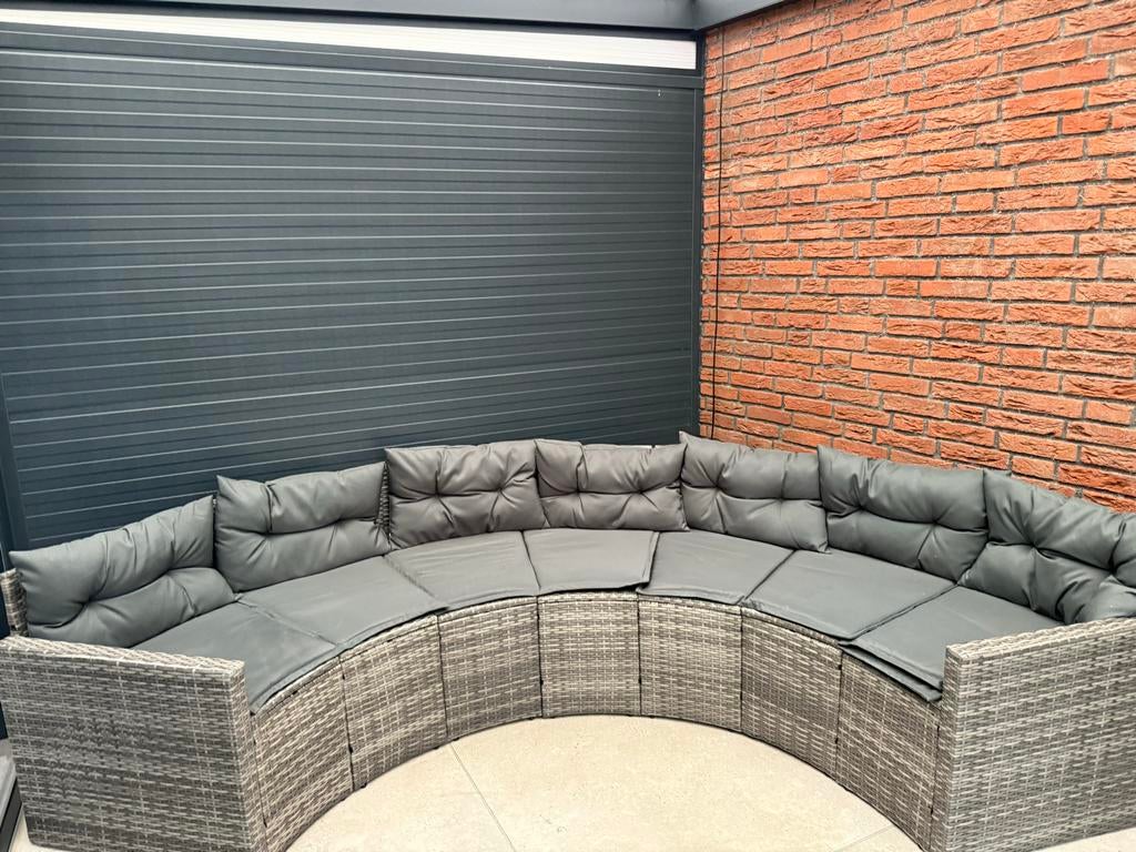 vidaXL Tuinbank met kussens halfrond poly rattan grijs, Tuin en Terras, 5 zitplaatsen, Ophalen of Verzenden, Zo goed als nieuw