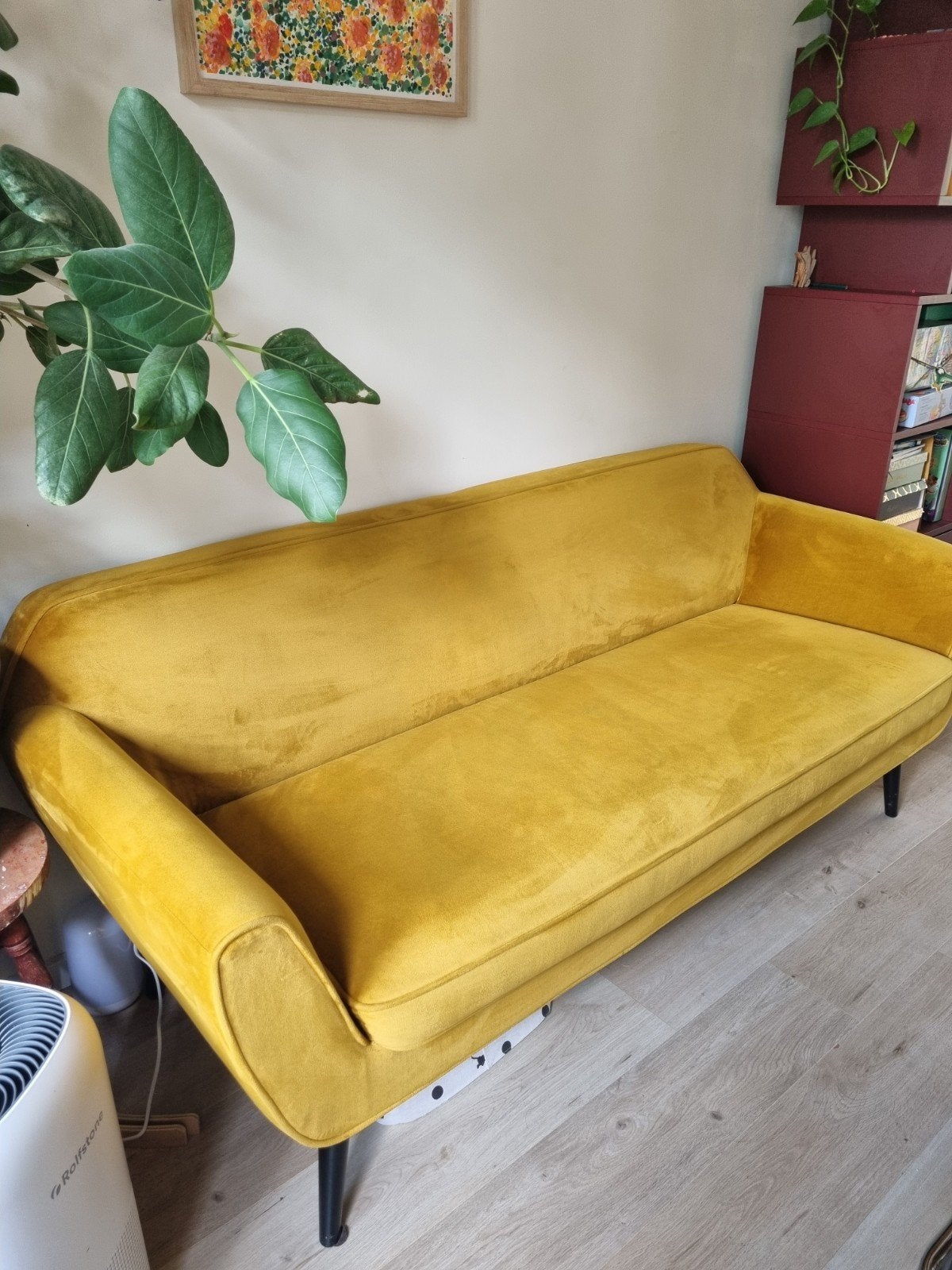 Okergele velours bank 2,5 zits, Ophalen, Gebruikt, Minder dan 75 cm, 150 tot 200 cm