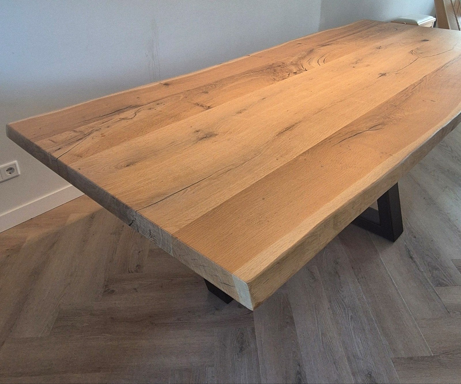 Boomstamtafel eikenhout met stalen onderstel, Ophalen, Modern, Industrieel, Landelijk, 200 cm of meer, 50 tot 100 cm