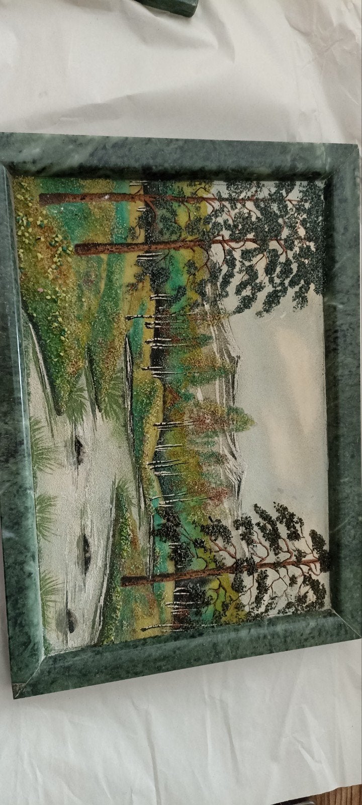 Uniek Landschap Schilderij van Edelstenen in Marmeren Lijst, Antiek en Kunst, Kunst | Schilderijen | Klassiek, Overige ondergronden