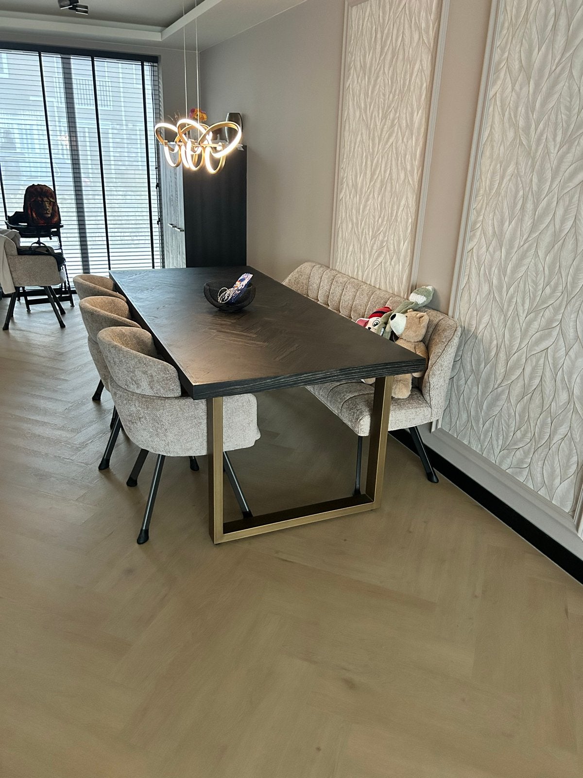 Richmond Eettafel Blackbone Eiken 220x100cm KoperGoud U-poot, Ophalen, Eikenhout, 200 cm of meer, 50 tot 100 cm