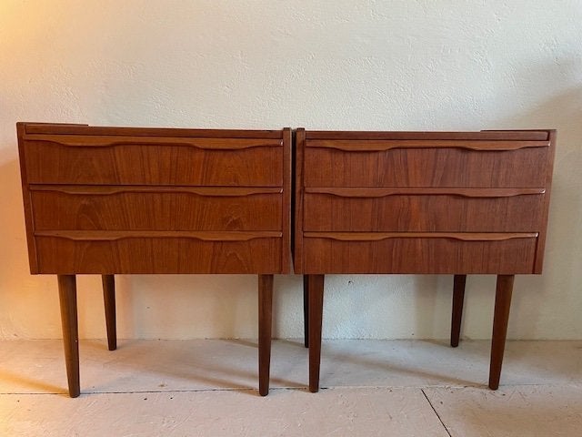 Set vintage Mid-Century Nachtkastjes  teakhout - 3 laden, Ophalen, Gebruikt, 45 tot 65 cm, Minder dan 55 cm